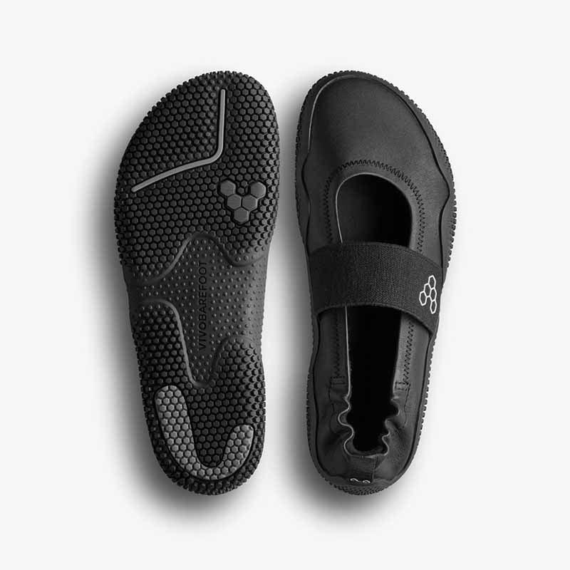 Pair of Vivobarefoot Women's Motus Studio Ballet Shoes - Eclipse, one showing the sole view and the other showing the top view.