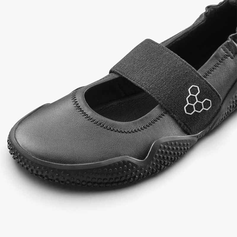Vivobarefoot Women's Motus Studio Ballet Shoe - Eclipse, angled view showing close up of toe box.