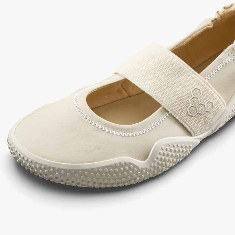 Vivobarefoot Women's Motus Studio Ballet Shoe - Sand, angled view showing close up of toe box.