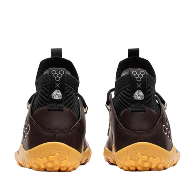 Pair of Vivobarefoot Women's Trail Shoes Magna FG - Bracken Leather, rear view.