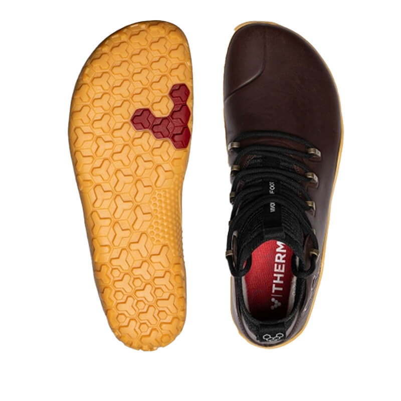 Pair of Vivobarefoot Women's Trail Shoes Magna FG - Bracken Leather, one showing the sole view and the other showing the top view.