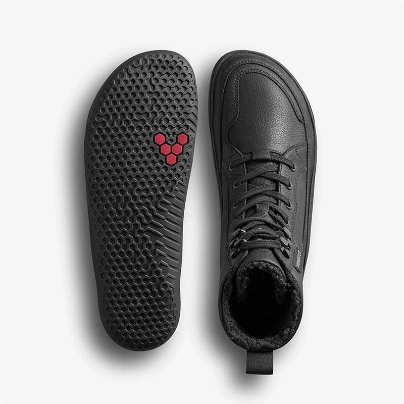 Pair of Vivobarefoot Women's Warmlined Boots Gobi - Obsidian, one showing the sole view and the other showing the top view.