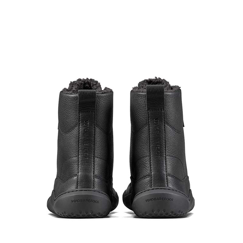 Pair of Vivobarefoot Women's Warmlined Boots Gobi - Obsidian, rear view.