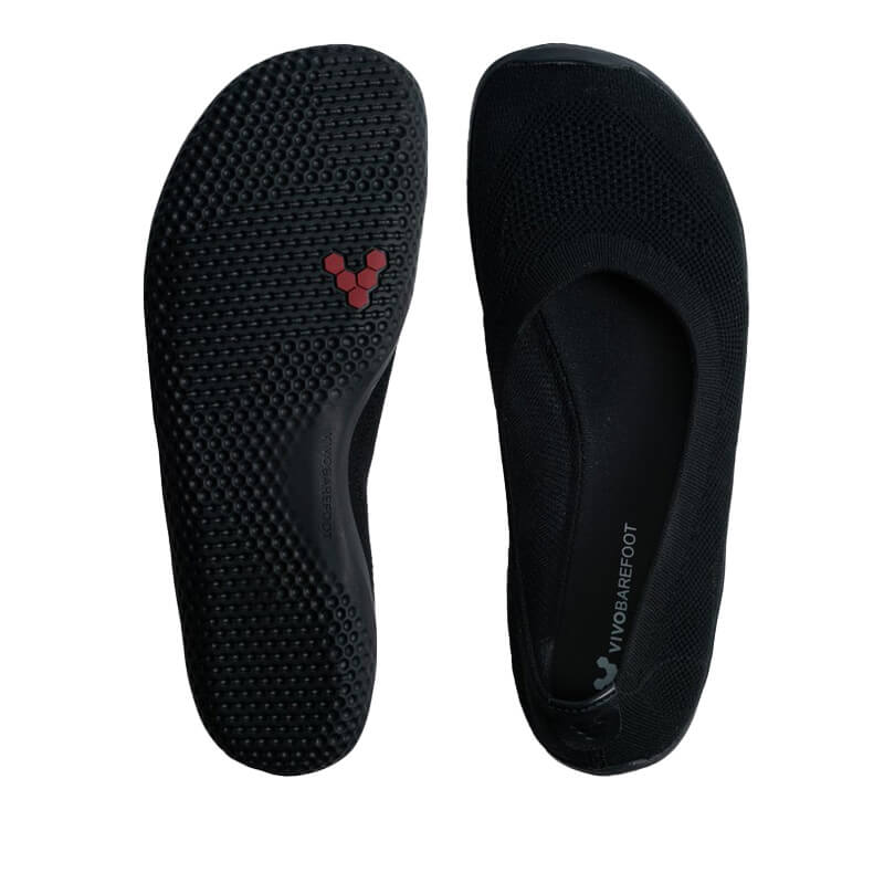 Pair of Vivobarefoot Women's Ballerina Shoes Asana Yin Knit - Obsidian, one showing the sole view and the other showing the top view.