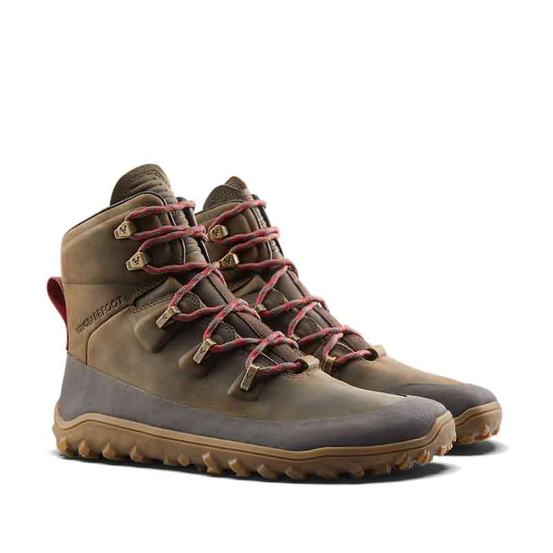 Pair of Vivobarefoot Women's Walking Boots Tracker Leather AT - Bracken, angled view showing the outer side and front.