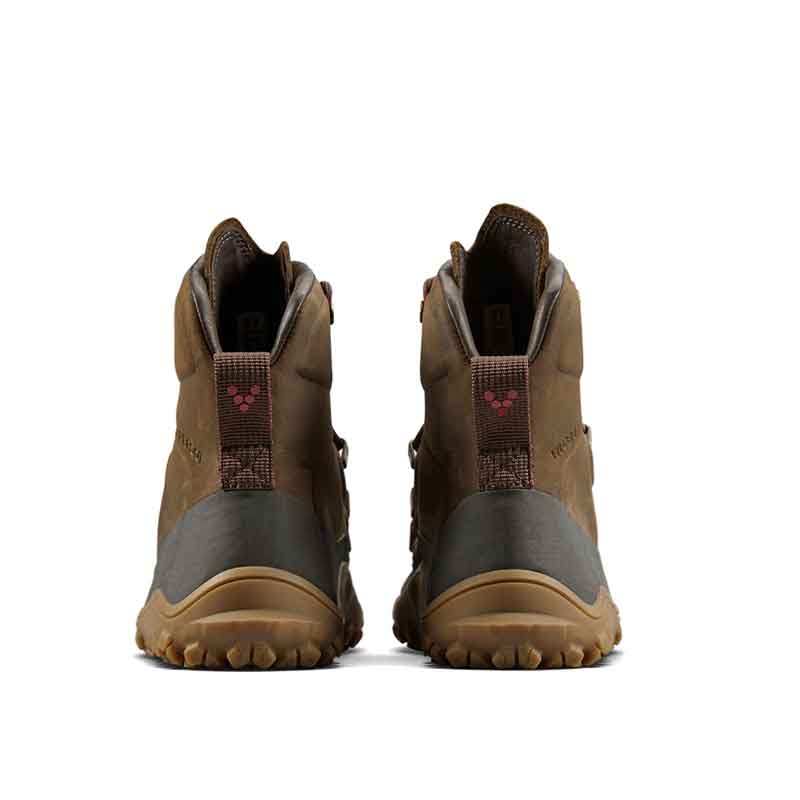 Pair of Vivobarefoot Women's Walking Boots Tracker Leather AT - Bracken, rear view.