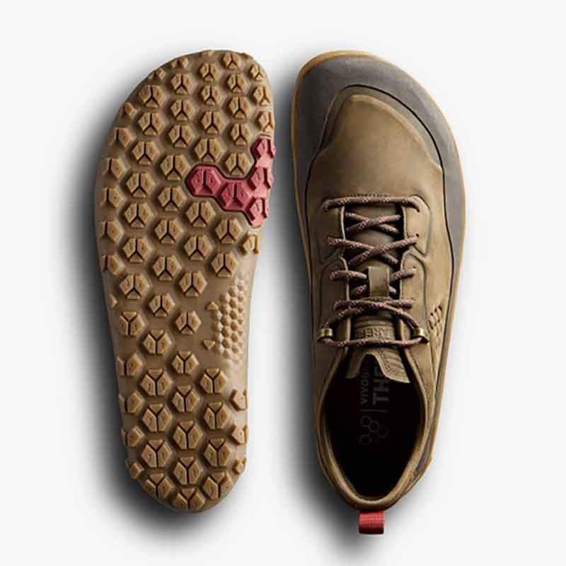 Pair of Vivobarefoot Women's Hiking Shoes Tracker Leather AT Low - Bracken, one showing the sole view and the other showing the top view.
