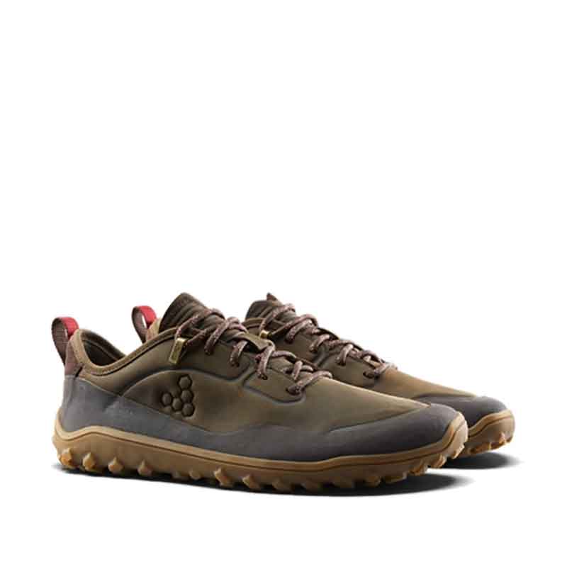 Pair of Vivobarefoot Women's Hiking Shoes Tracker Leather AT Low - Bracken, angled view showing the outer side and front.