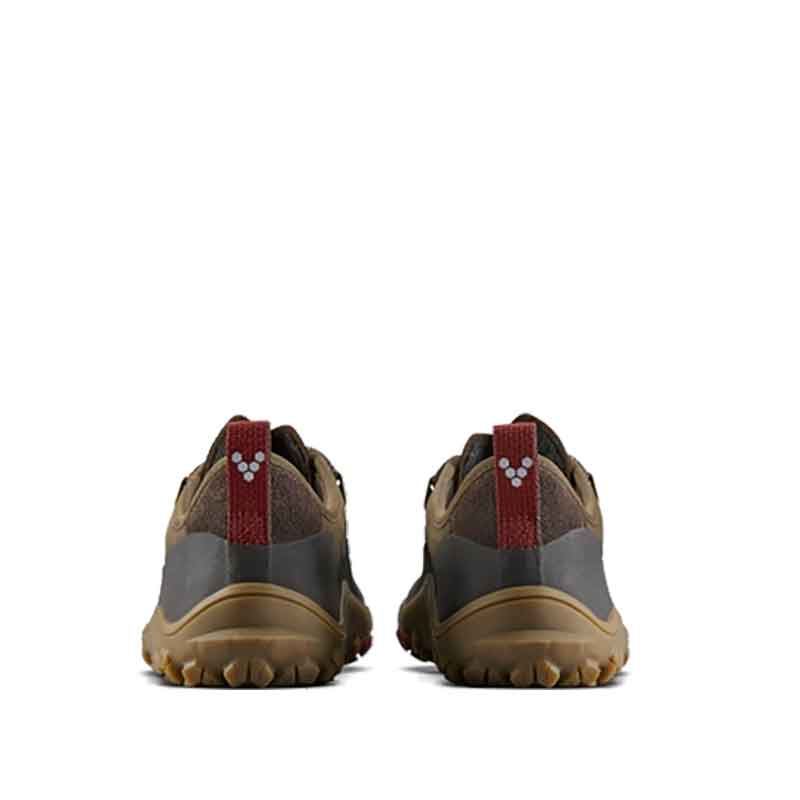 Pair of Vivobarefoot Women's Hiking Shoes Tracker Leather AT Low - Bracken, rear view.