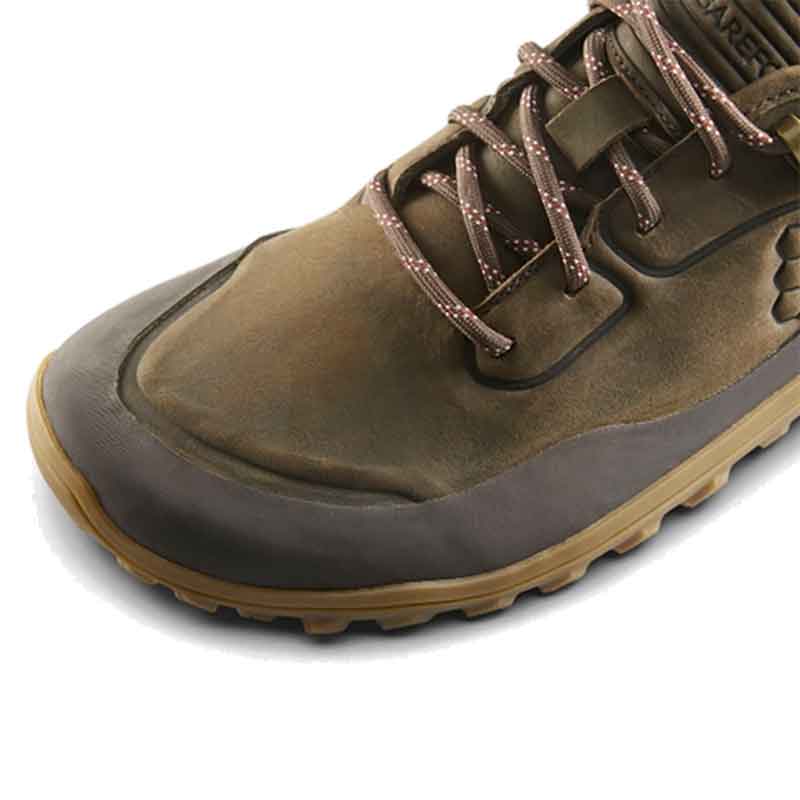 Vivobarefoot Women's Hiking Shoe Tracker Leather AT Low - Bracken, close up of toe box.