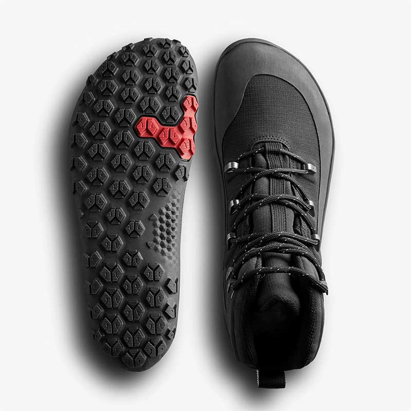Pair of Vivobarefoot Women's Hiking Boots Tracker Textile AT - Obsidian, one showing the sole view and the other showing the top view.