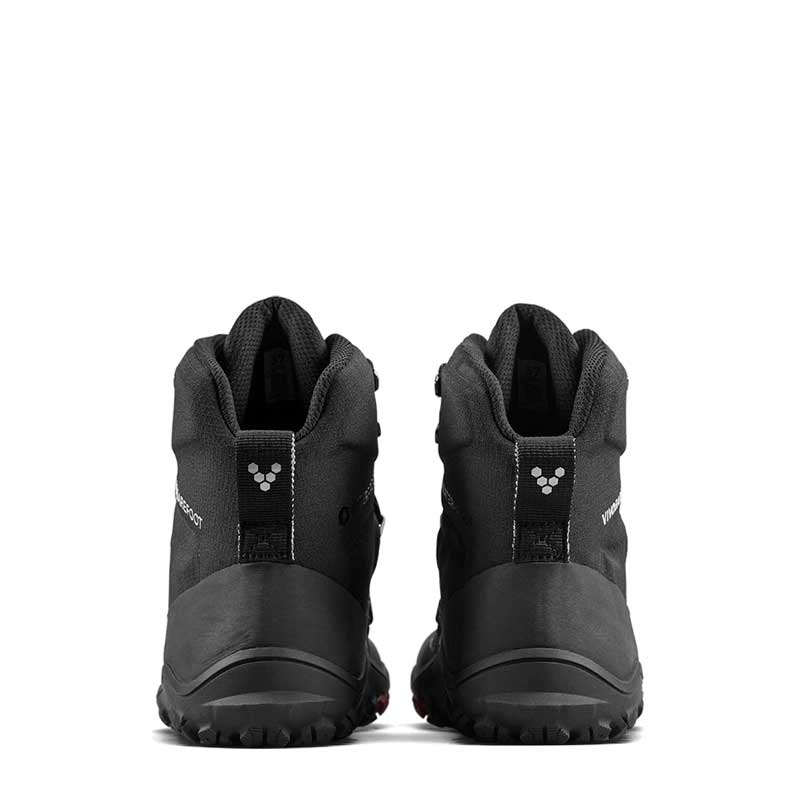 Pair of Vivobarefoot Women's Hiking Boots Tracker Textile AT - Obsidian, rear view.