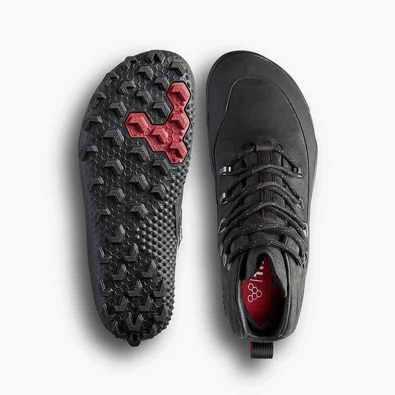 Pair of Vivobarefoot Women's Winter Boots Tracker SG - Obsidian, one showing the sole view and the other showing the top view.