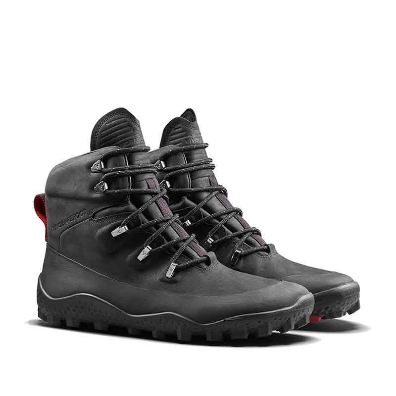 Paie of Vivobarefoot Women's Winter Boots Tracker SG - Obsidian, angled view showing the outer side and front.