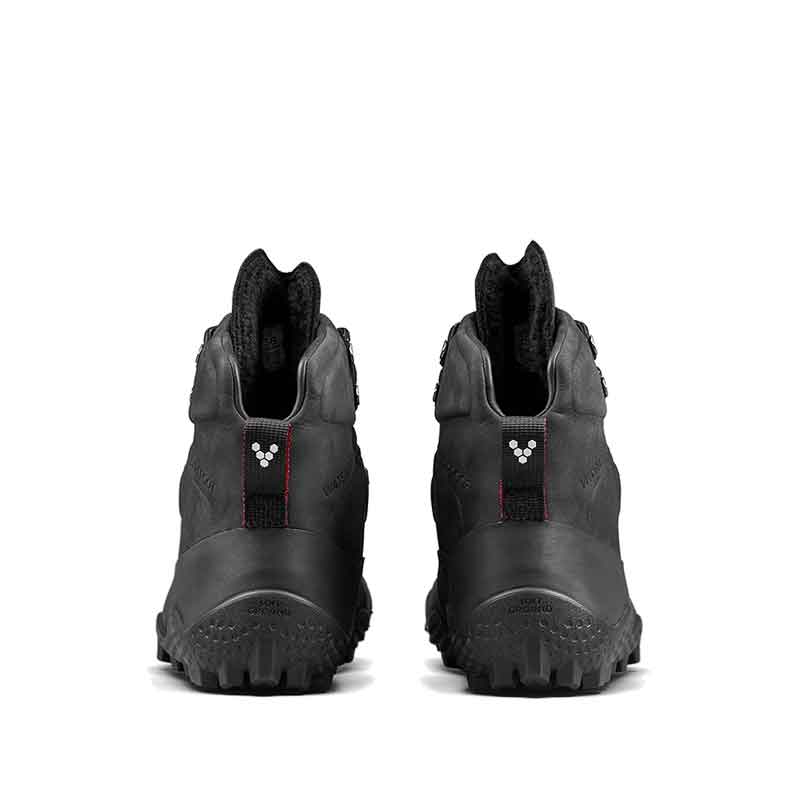 Pair of Vivobarefoot Women's Winter Boots Tracker SG - Obsidian, rear view.