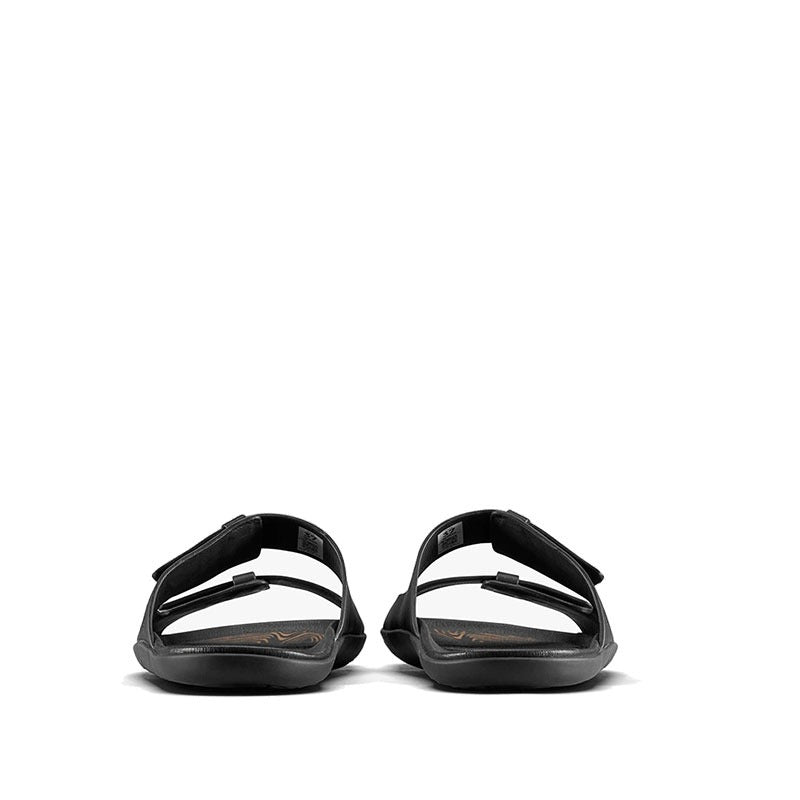 Pair of Vivobarefoot Women's Sandals Sensus Yin Slide - Obsidian, rear view.