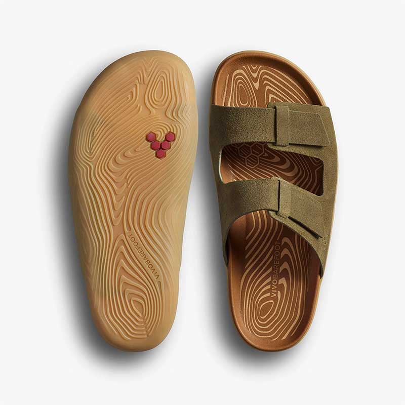 Pair of Vivobarefoot Women's Sandals Sensus Yin - Olive, one showing the sole view and the other showing the top view.