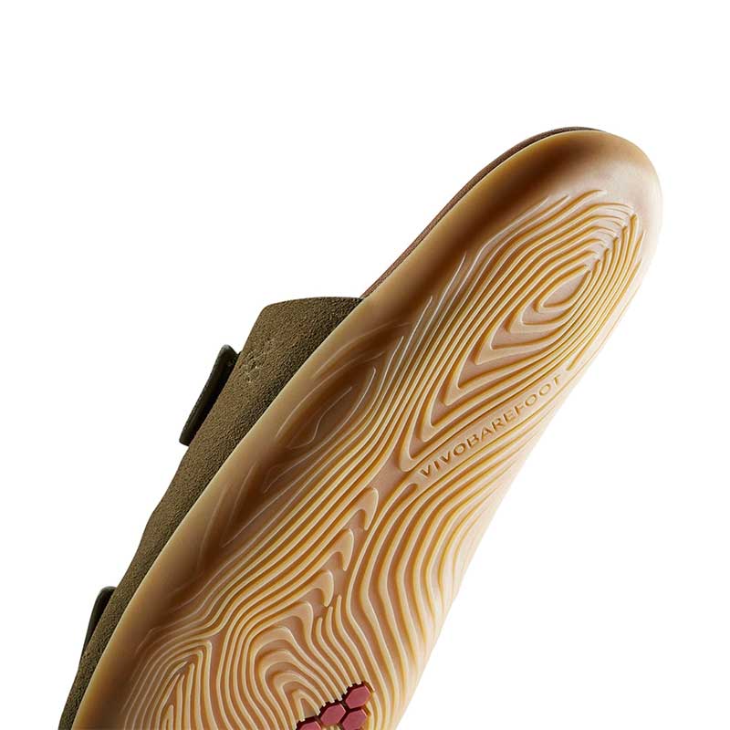 Vivobarefoot Women's Sandal Sensus Yin - Olive, angled view showing the sole.