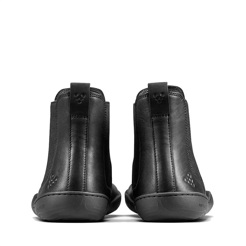 Pair of Vivobarefoot Women's Chelsea Boots Sensus - Obsidian, rear view.