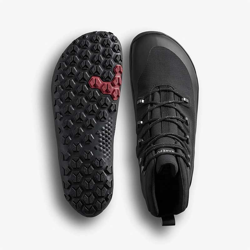 Pair of Vivobarefoot Women's Hiking Boots Tracker Textile AT II - Obsidian, one showing the sole view and the other showing the top view.