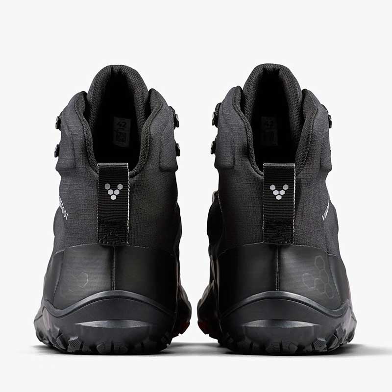 Pair of Vivobarefoot Women's Hiking Boots Tracker Textile AT II - Obsidian, rear view.