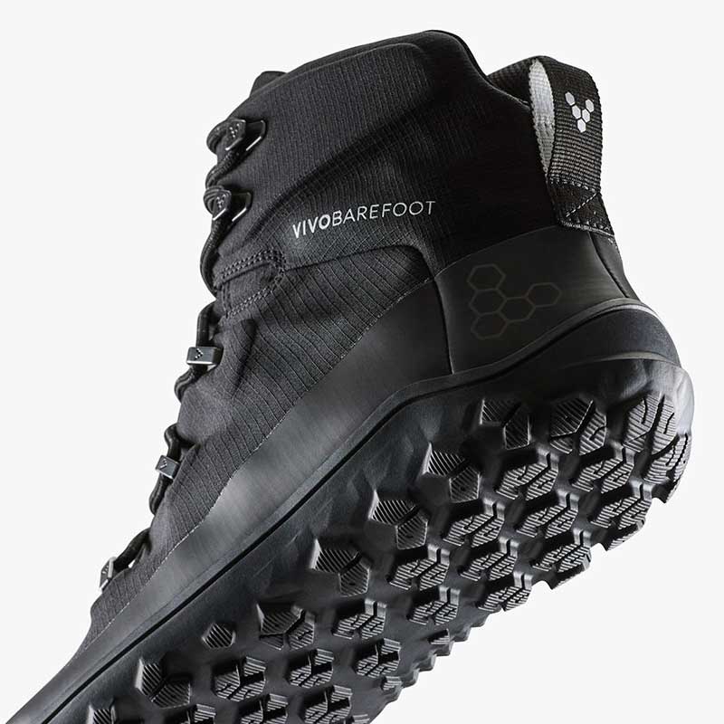 Vivobarefoot Women's Hiking Boots Tracker Textile AT II - Obsidian, angled view showing the sole and outer side.