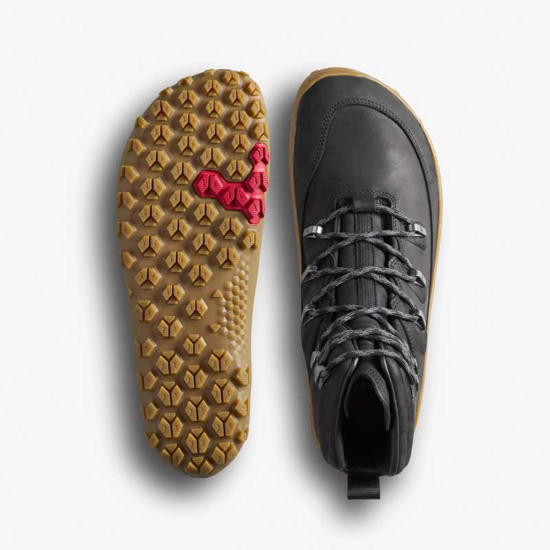 Pair of Vivobarefoot Women's Walking Boots Tracker Leather AT II - Obsidian, one showing the sole view and the other showing the top view.