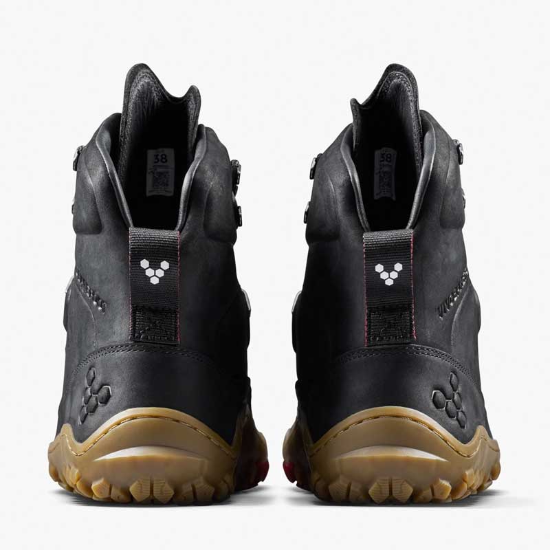 Pair of Vivobarefoot Women's Walking Boots Tracker Leather AT II - Obsidian, rear view.
