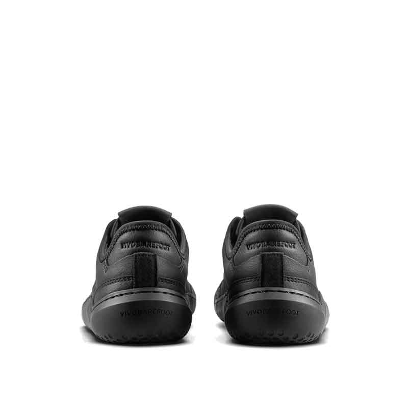 Pair of Vivobarefoot Women's Leather Trainers Gobi - Obsidian, rear view.
