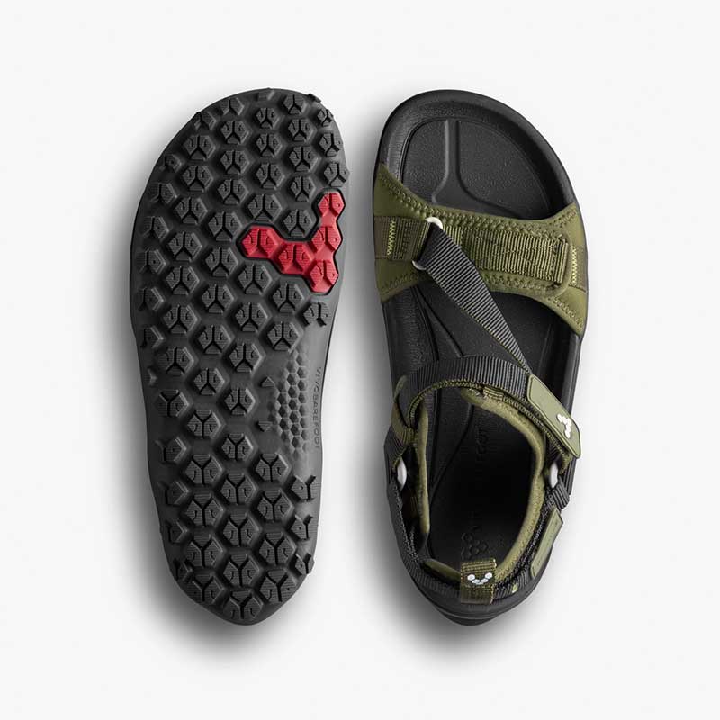 Pair of Vivobarefoot Women's Sandals Tracker Ora - Dark Olive, one showing the sole view and the other showing the top view.