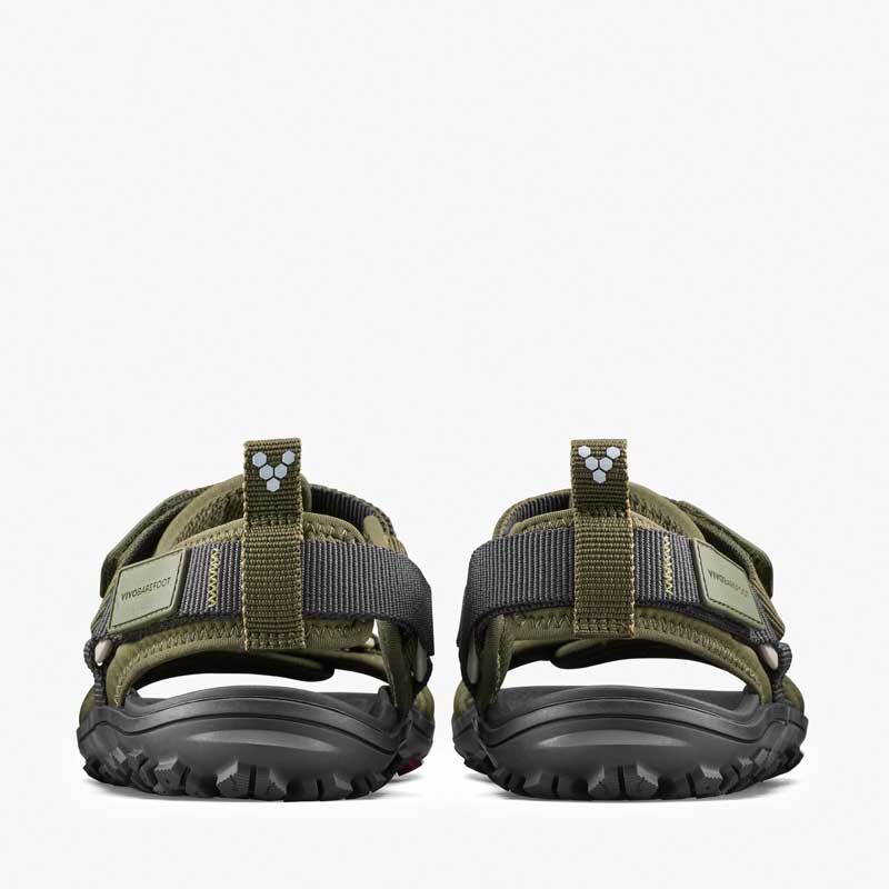 Pair of Vivobarefoot Women's Sandals Tracker Ora - Dark Olive, rear view.
