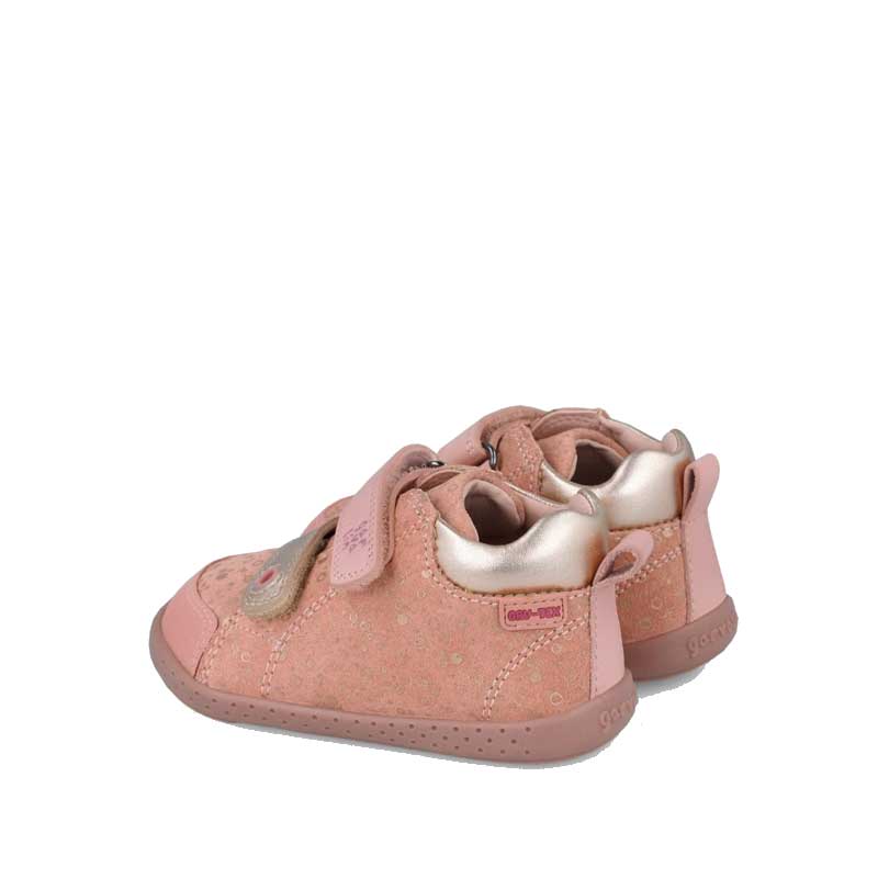Pair of Garvalin Barefoot First Shoes - Pink Wood, outer side and rear view.