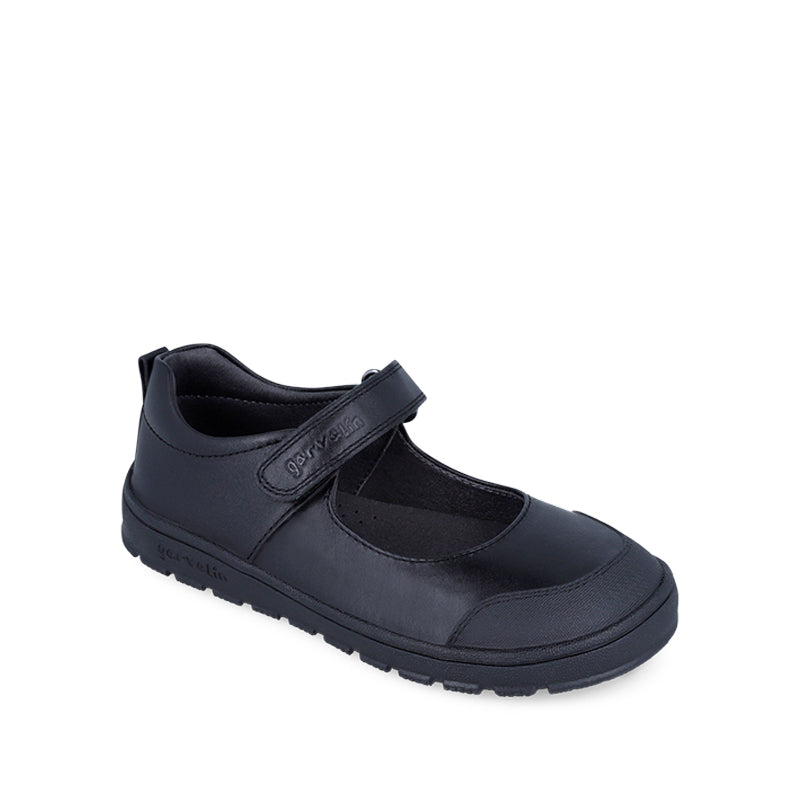 Garvalin Barefoot Mary Jane School Shoe - Black, angled view showing outer side and front.