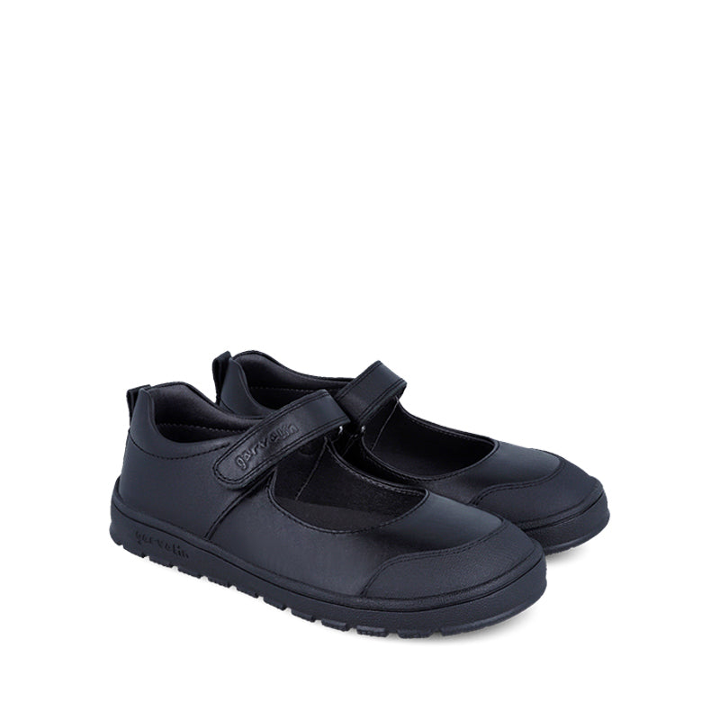 Pair of Garvalin Barefoot Mary Jane School Shoes - Black, angled view showing outer side and front.