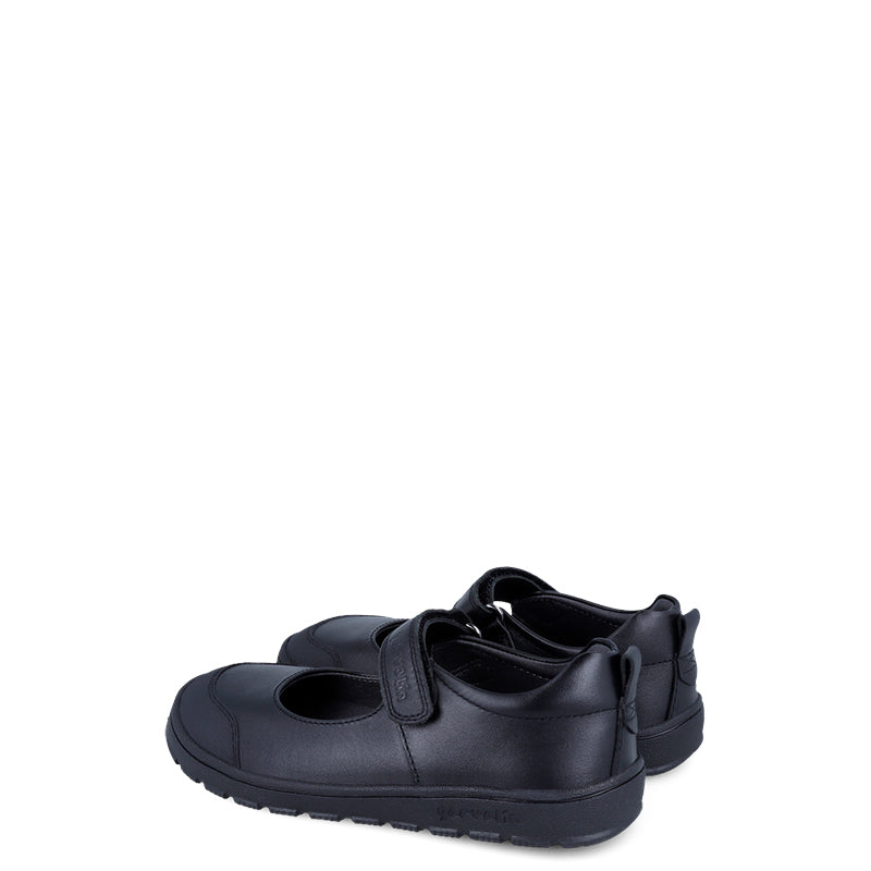 Pair of Garvalin Barefoot Mary Jane School Shoes - Black, angled view showing outer side and rear.