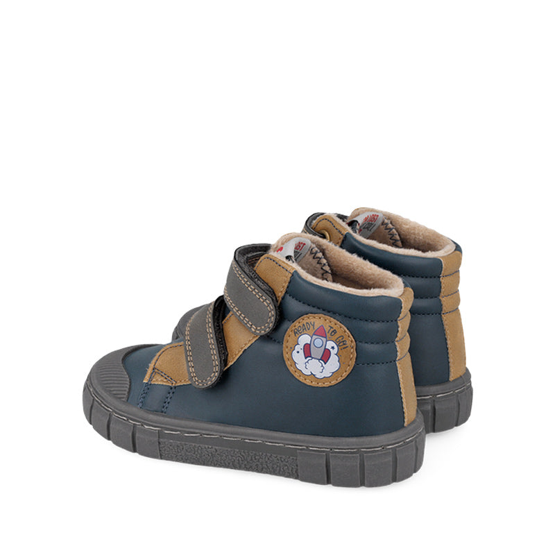 Pair of Garvalin Kids Barefoot Boots - Navy, angled view showing outer side and rear.