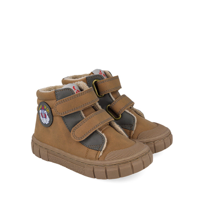 Pair of Garvalin Kids Barefoot Boots - Brown, angled view showing outer side and front.