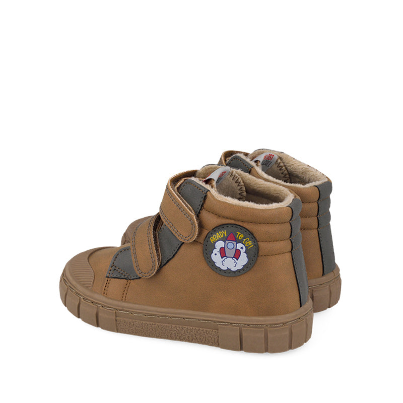 Pair of Garvalin Kids Barefoot Boots - Brown, angled view showing outer side and rear.