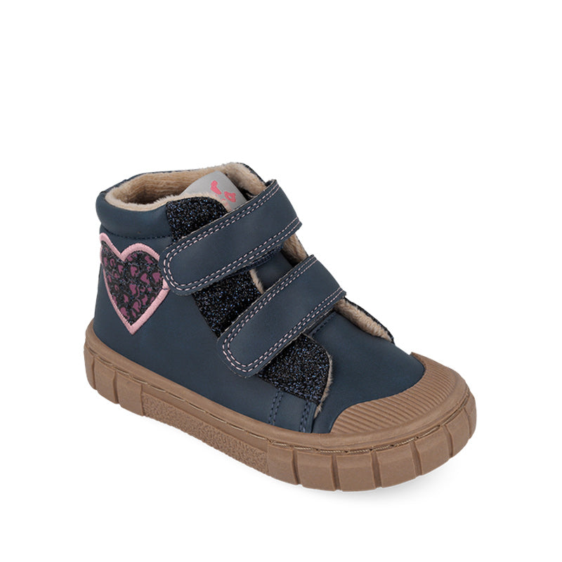 Garvalin Kids Barefoot Boot - Navy Heart, angled view showing outer side and front.