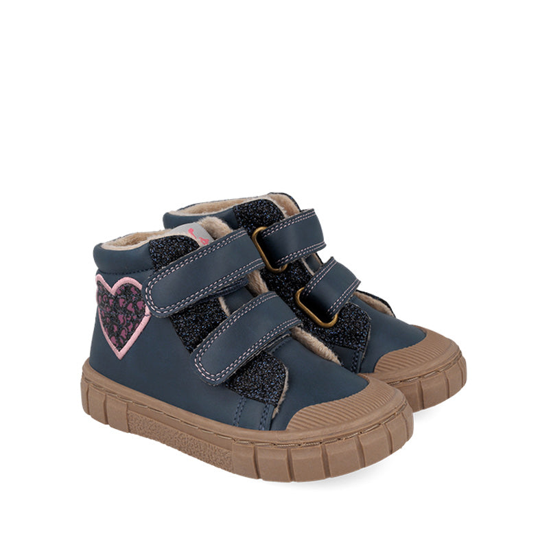 Pair of Garvalin Kids Barefoot Boots - Navy Heart, angled view showing outer side and front.