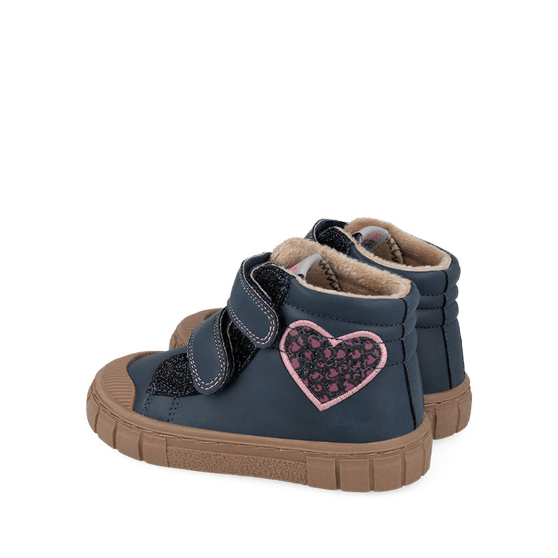 Pair of Garvalin Kids Barefoot Boots - Navy Heart, angled view showing outer side and rear.