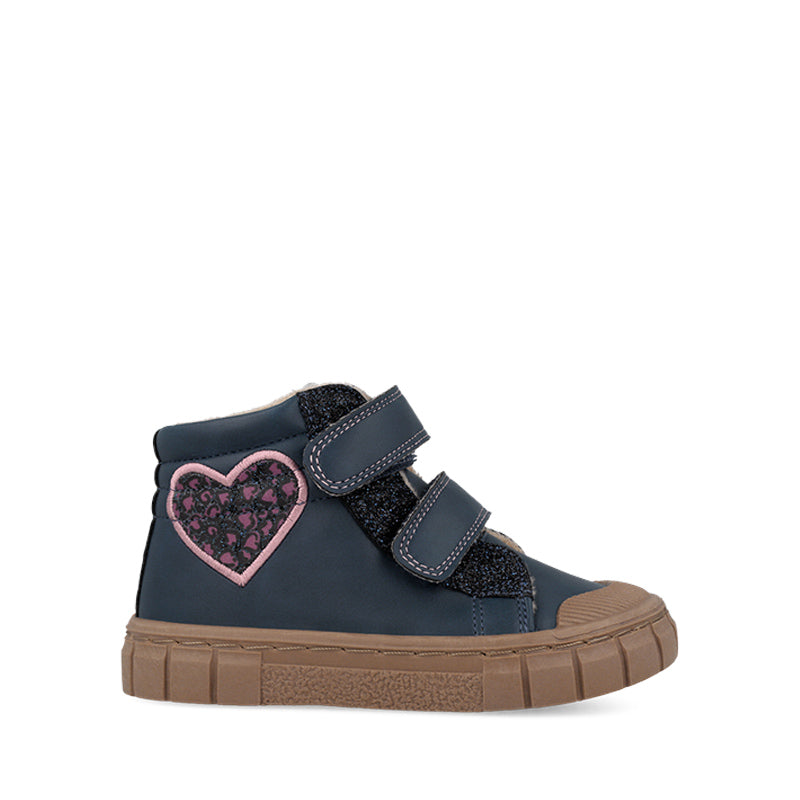 Garvalin Kids Barefoot Boot - Navy Heart, outer side view.