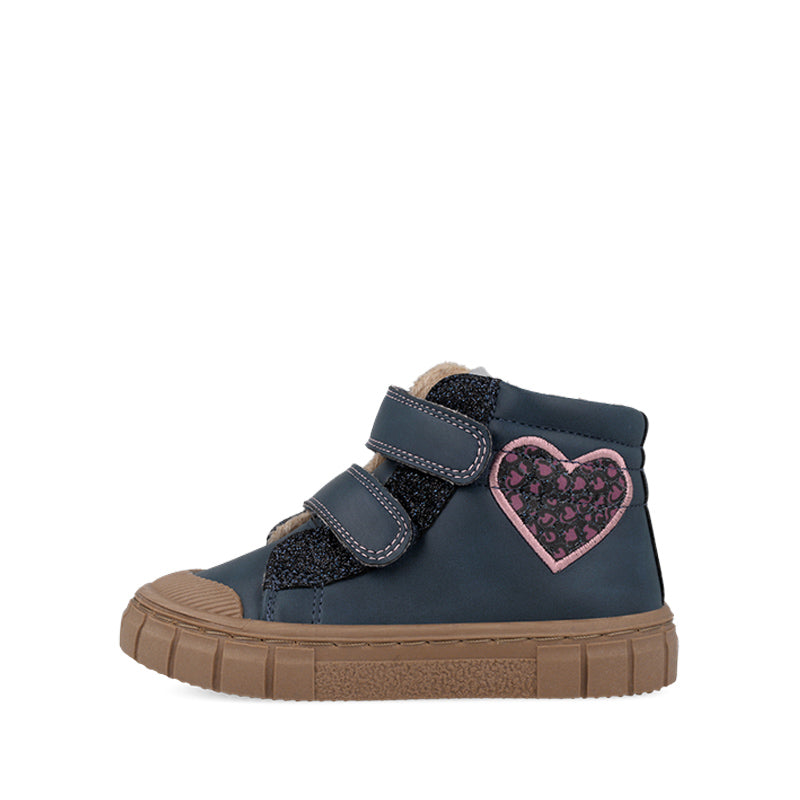 Garvalin Kids Barefoot Boot - Navy Heart, outer side view of left boot.