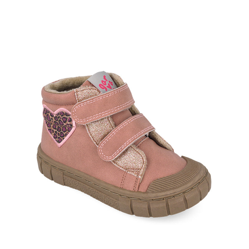 Garvalin Kids Barefoot Boot - Pink Heart, angled view showing outer side and front.