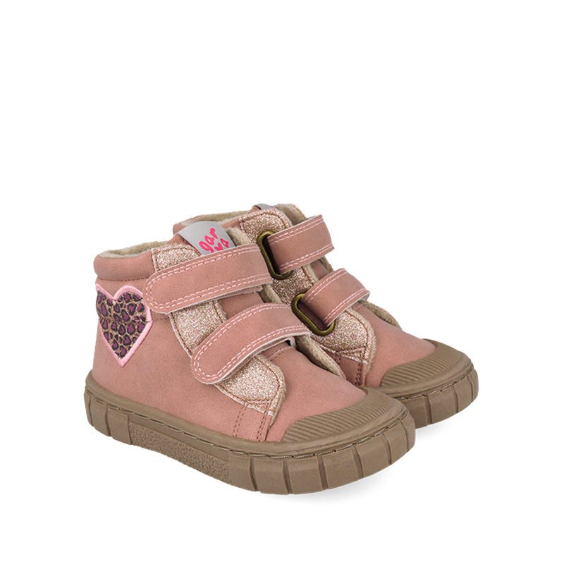 Pair of Garvalin Kids Barefoot Boots - Pink Heart, angled view showing outer side and front.
