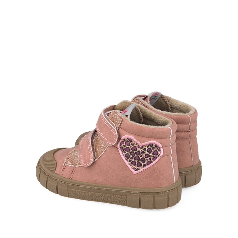 Pair of Garvalin Kids Barefoot Boots - Pink Heart, angled view showing outer side and rear.