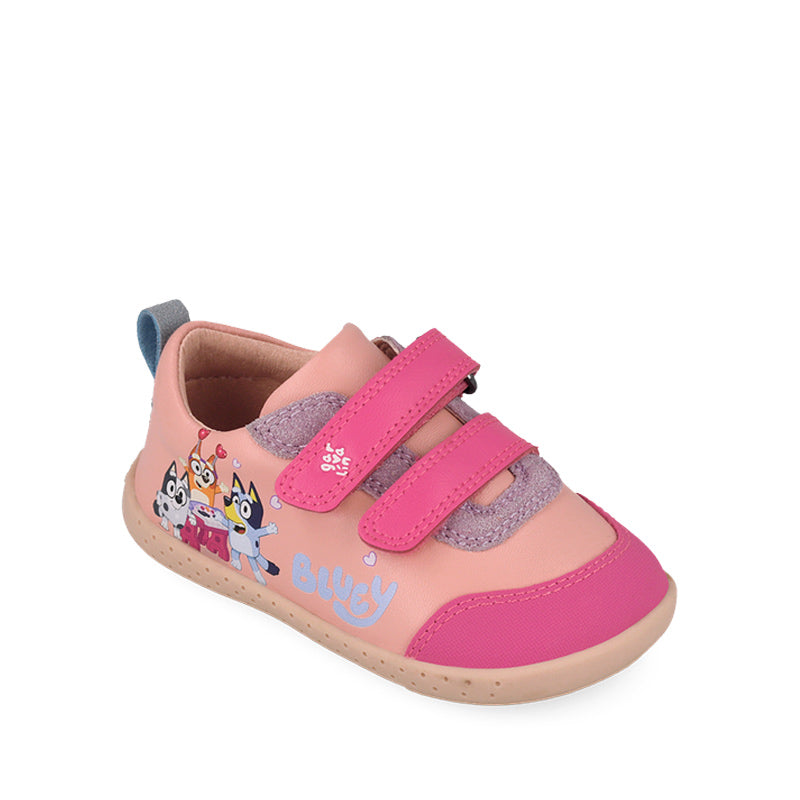Garvalin x Bluey Kids Barefoot First Shoe - Pink, angled view showing outer side and front.