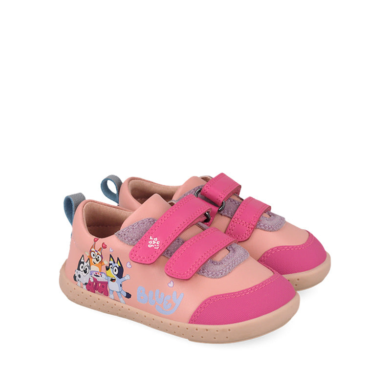 Pair of Garvalin x Bluey Kids Barefoot First Shoes - Pink, angled view showing outer side and front.