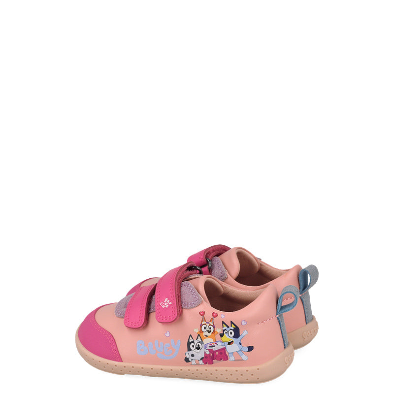 Pair of Garvalin x Bluey Kids Barefoot First Shoes - Pink, angled view showing outer side and rear.