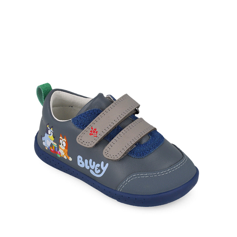 Garvalin x Bluey Kids Barefoot First Shoes - Blue, angled view showing outer side and front.